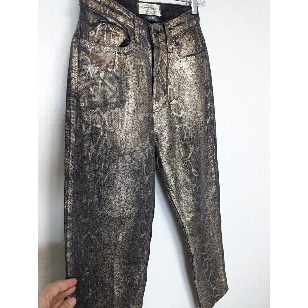 Free People Crvy‎ Georgina Pants Women Size 25 Gold Foil Straight Leg Snake Club